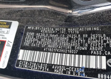 2017 Toyota Camry Hybrid Xle из США, поврежденный, VIN 4T1BD1FKXHU218037